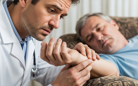 Врач проверяет пульс у пациента на дому